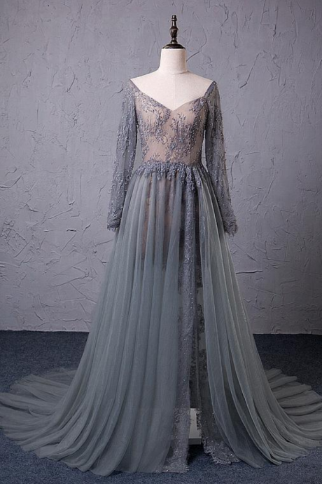 Alluring Tulle & Lace Off-the-shoulder Neckline A-line Evening Dresses With Beaded Lace Appliques