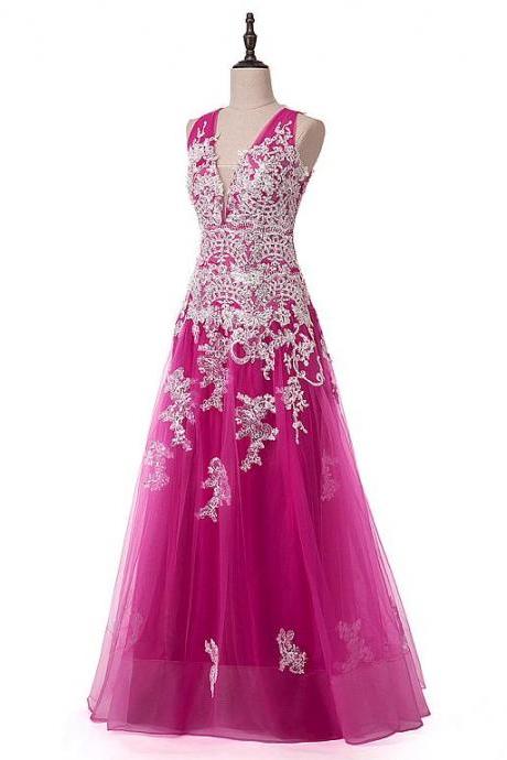 Attractive Tulle V-neck Neckline A-line Prom Dress With Beaded Lace Appliques