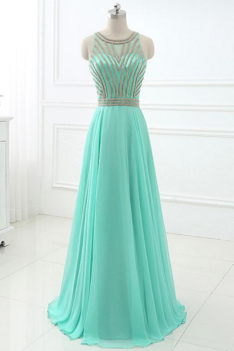 In Stock Pretty Chiffon & Tulle Jewel Neckline A-line Prom Dresses With Beadings