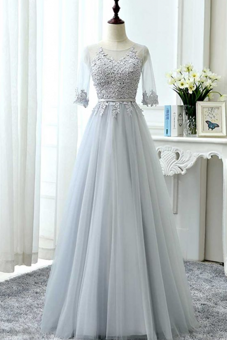 Gray Tulle Lace Long Prom Dress, Tulle Lace Bridesmaid Dress, Lace Wedding Party Dress