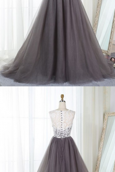 Gray Tulle Long Senior Prom Dress, Simple Bridesmaid Dress Sexy Prom Dresses,evening Gowns
