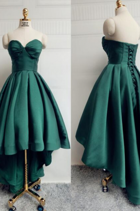 Green Satin Sweetheart A-line Evening Dresse,sleeveless Hi-lo Formal Gowns, Backless Party Pageant Dresses For Teens, Prom Dresses