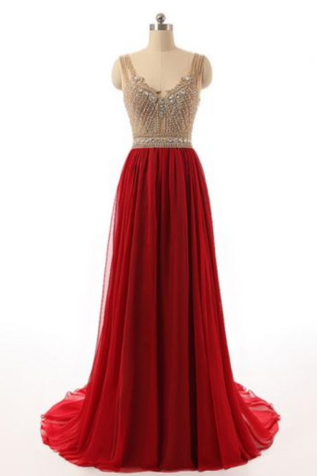 Elegant V Neck Red Beaded Bridesmaid Dresses, Beautiful Floor Length Backless Chiffon Prom Dresses Wedding Party Dresses Formal Gowns