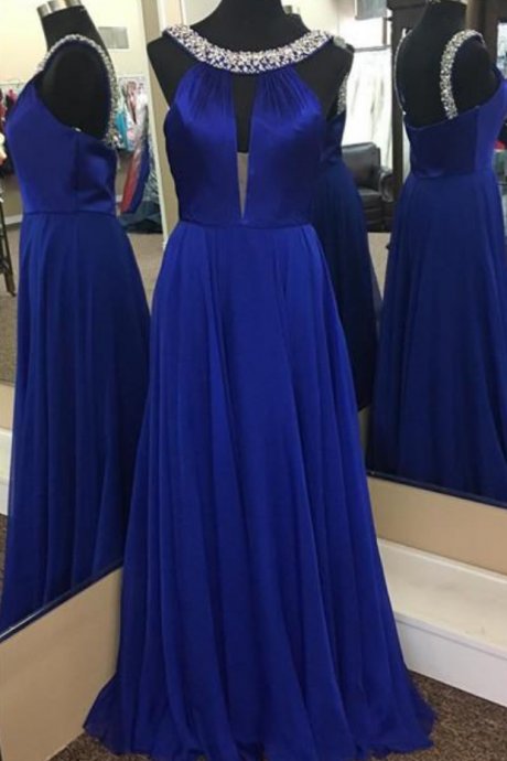 Royal Blue Chiffon Beaded Evening Dress, A-line Long Sleeveless Evening Dresses, Elegant Formal Gowns, Sexy Party Pageant Dresses For Teens
