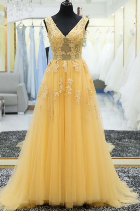 Yellow Tulle Appliques Prom Dresses, Long A-line V Neck Party Dresses ,floor Length Evening Dresses ,formal Gowns With Lace Appliques
