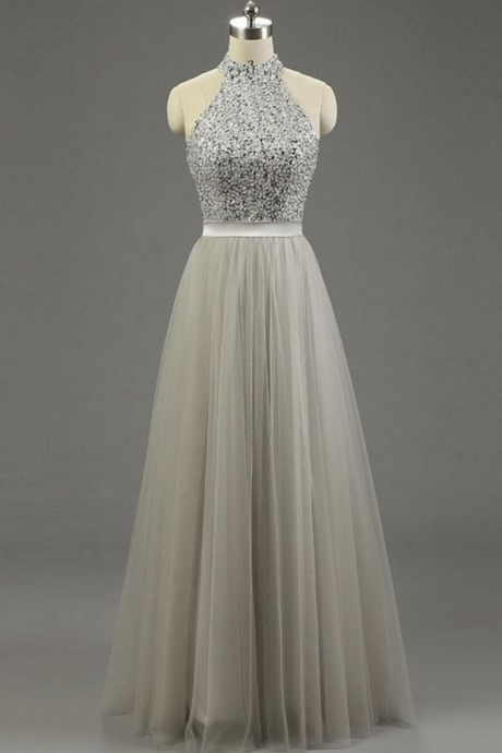 High Neck Gray Tulle Evening Dress,floor-length Beading Fashion Prom Dresses,evening Dress, Lace Prom Dress