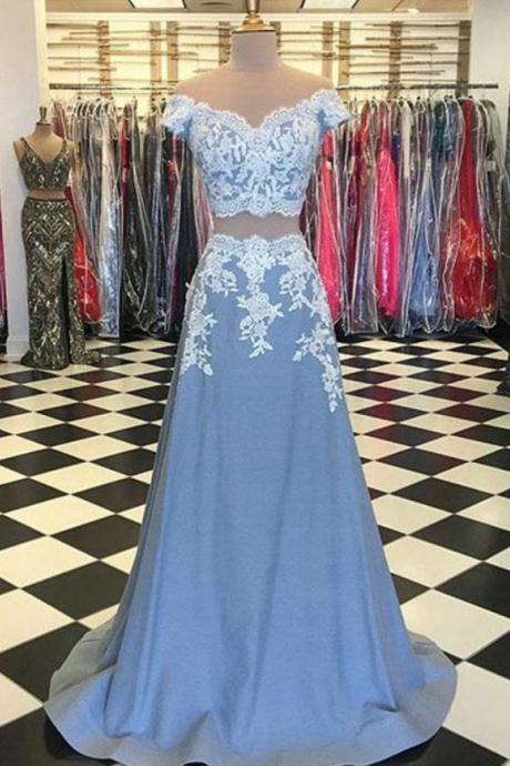 Light Blue Lace Prom Dresses with Cap Sleeve Two Piece Prom Party Gowns Appliques