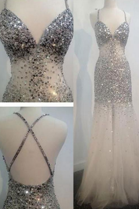 White Mermaid V Neck Long Prom Dress, White Evening Dress,long Beaded Open Back Evening Dress