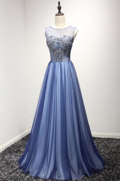 Unique Long Tulle Blue Formal Dress With Sparkly Beading Online. Evening Dress
