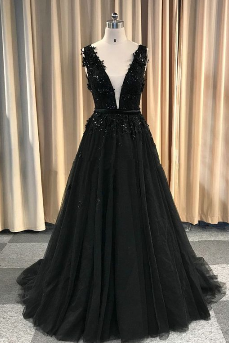 Custom Made Black Tulle Long V Neck Lace Applique Senior Prom Dress,long Prom Dress, Tulle Evening Dresses