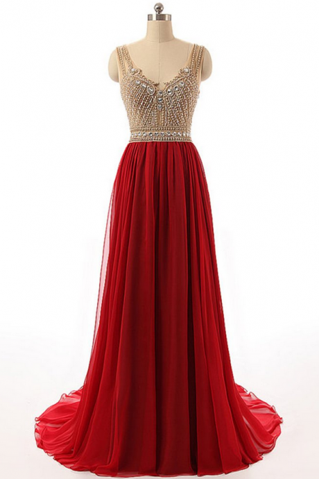 Red Tulle Round Neck Beading Prom Dresses,rhinestone See-through A-line Princess Long Prom Dress For Teens