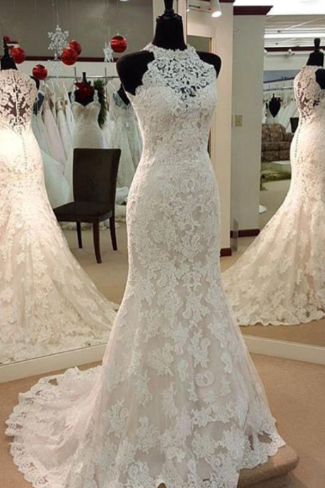 Custom Charming White Lace Wedding Dress,halter Bridal Gown,sleeveless High Quality Wedding Dresses