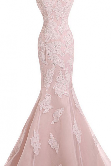 Custom Charming Pink Lace Wedding Dress, Appliques Beading Evening Dress, Sleeveless Prom Dress