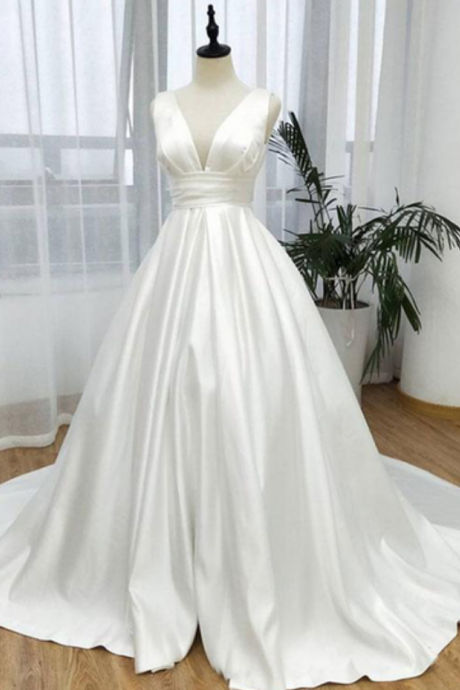 White Satin Long V Neck Prom Dress, White Evening Dress