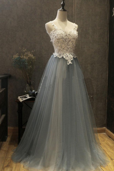 Grey Tulle Prom Dress, Jewel Neckline, A-line Evening Dresses With Pockets & Beadings & Embroidery, Prom Dresses