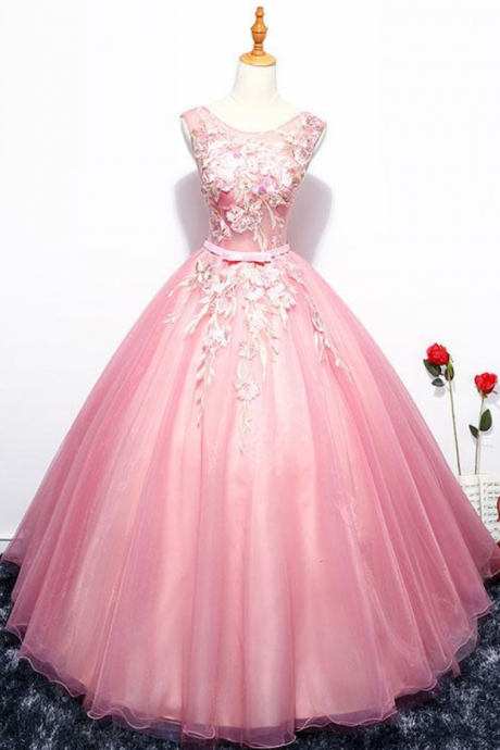 Pink Round Neck Evening Dress, Lace Tulle Long Prom Dress, A Line Evening Dress,lace Applique Formal Gowns, O Neck Sleeveless Ball Gowns, Lace