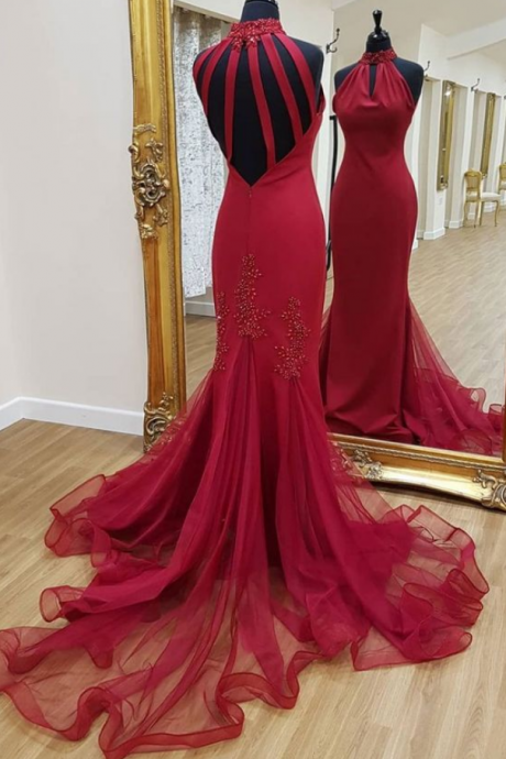 Red Mermaid Prom Dresses,tulle Formal Dress,evening Dresses
