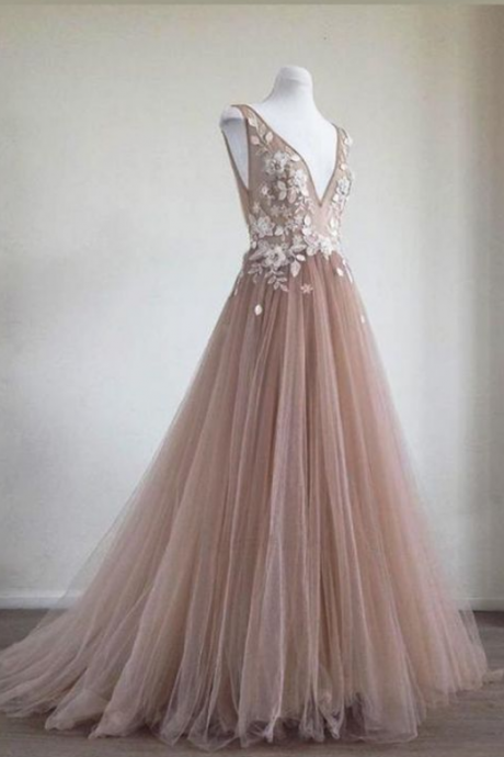 Pink Long Tulle Prom Dresses,formal Dress,prom Dress, Lace Appliques Evening Dresses