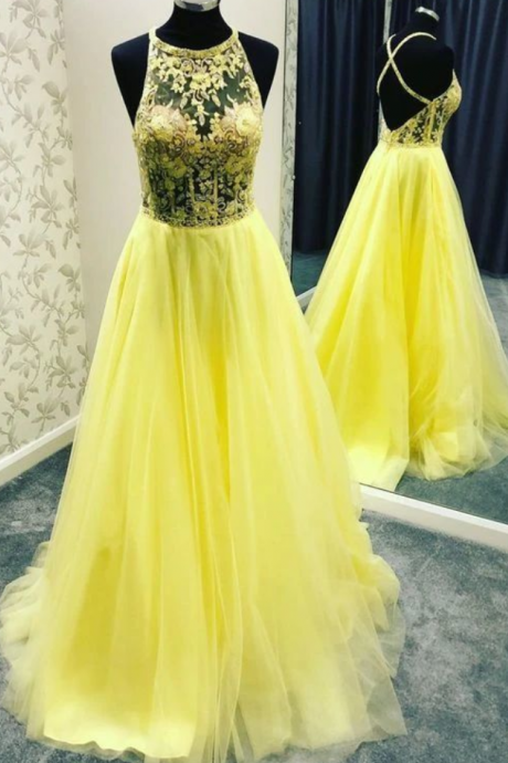 Backless Yellow Long Prom Evening Dress With Pockets