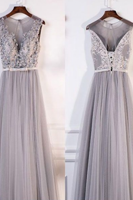 Gray Round Neck Lace Tulle Long Prom Dress, Gray Evening Dress, Gray Bridesmaid Dress