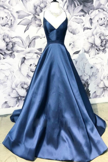 A-line Blue Spaghetti Straps Satin Prom Dresses,v-neck Blue Sexy Evening Party Dress