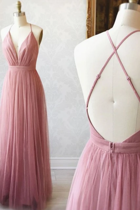 A Line V Neck Pink Backless Prom Dresses, V Neck Pink Backless Formal Evening Bridesmaid Dresses