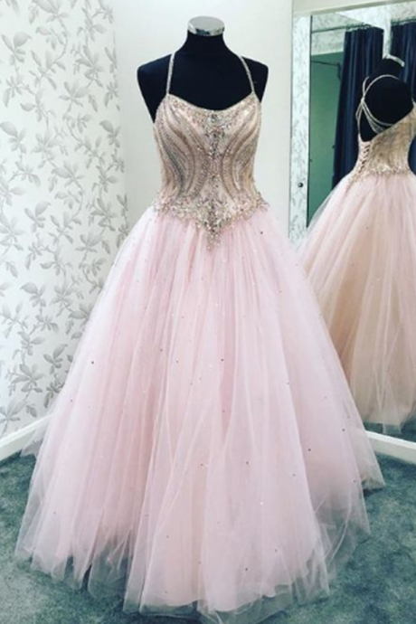A-line Straps Beaded Pink Tulle Long Evening Prom Dresses, Prom Dresses