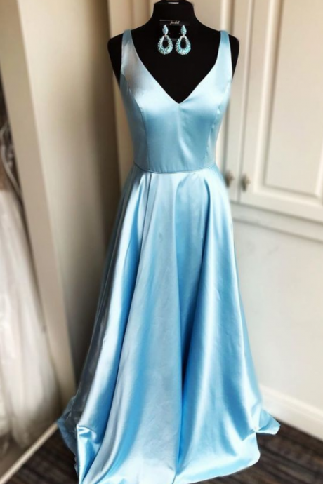 Elegant V Neck Light Sky Blue Long Prom Dress