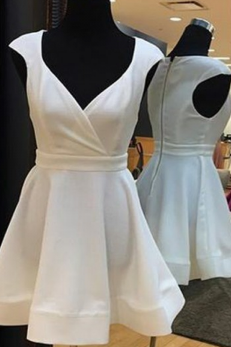A-line Scoop Cap Sleeves Short White Elastic Satin Homecoming Dress