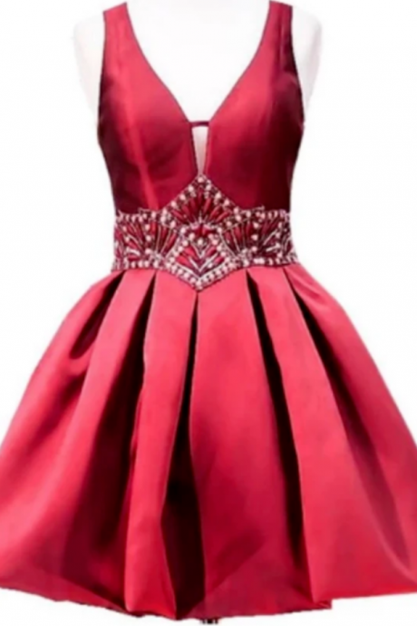 Sweet A-line V-neck Sheer Back Beaded Crystals 8th Grade Prom Dresses Short Burgundy Party Homecoming Dress