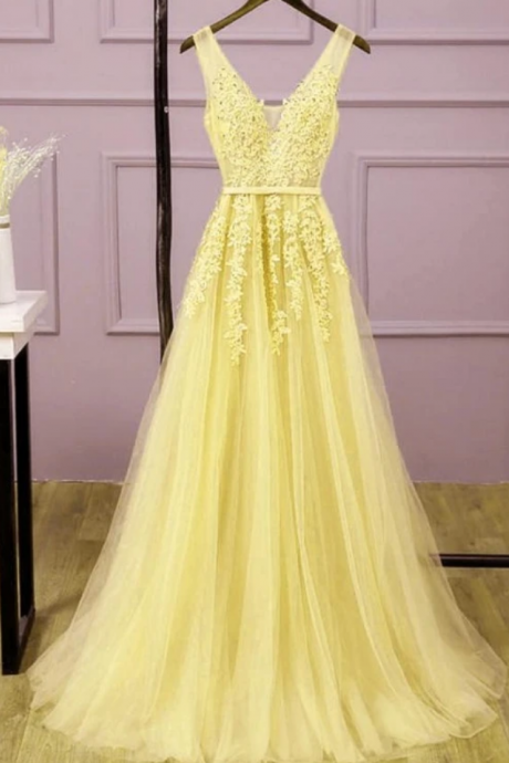 Long V-neckline Lace Applique And Tulle Bridesmaid Dress, Yellow Prom Dress Party Dress