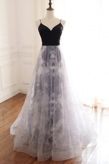 Straps Sweetheart Tulle Long Party Dress, Evening Gowns Graduation Dress