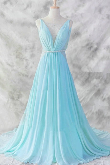 Chiffon Long Evening Dress, Blue Beaded Waist Wedding Party Dress