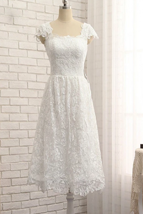 Beautiful Lace Cap Sleeves Tea Length Party Dress, Formal Dress