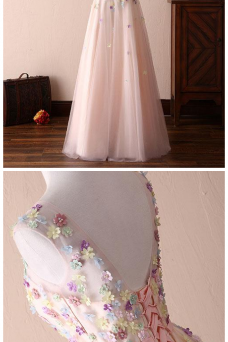 Cute Round Neck Flowers Long Prom Dress, Evening Dres