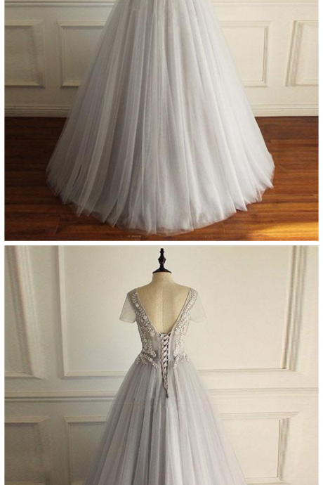 V Neck Tulle Lace Long Prom Dress, Evening Dress