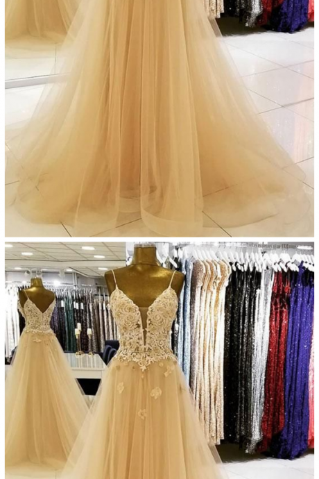 Champagne Tulle Lace Long Prom Dress, Lace Evening Dress