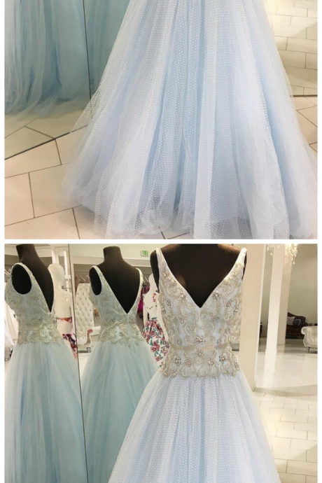 Tulle V-neck Backless With Beading Prom Dress