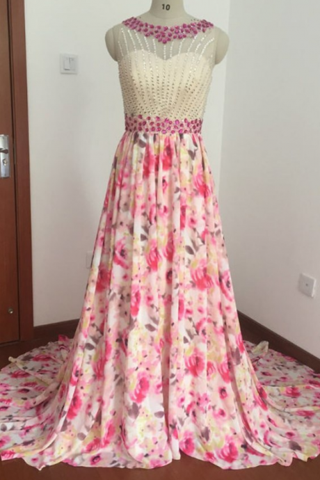 A-line Print Chiffon Long Prom Dresses With Crystal,