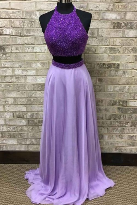 Chiffon Beading Two Pieces Long Prom Dress,formal Dresses