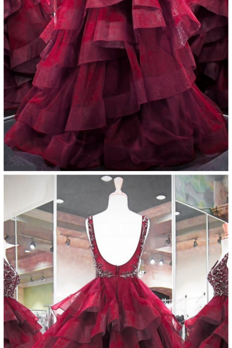 Burgundy Beaded Prom Dresses Ball Gown Pageant Dresses For Women V Neck Tiered Elegant Sleeveless Prom Gowns 2021