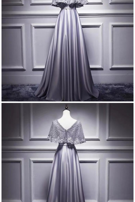 Party Dress Short Sleeve Evening Dress V Neck Prom Dress Lace Applique Formal Dress Satin Floor Length Prom Dress