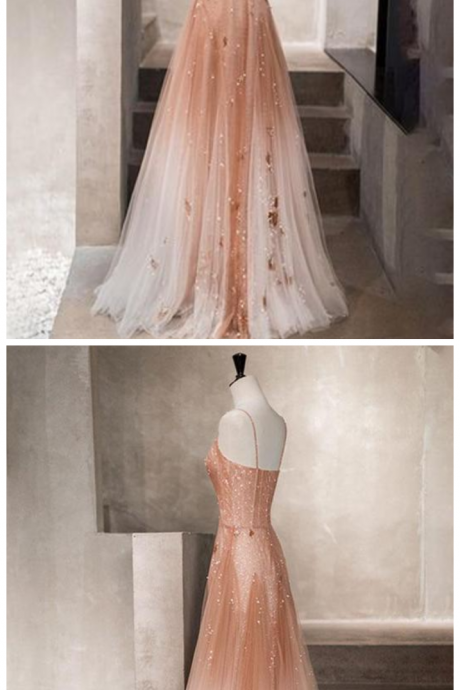 Unique Champagne Tulle Long Prom Dress, Tulle Evening Dress