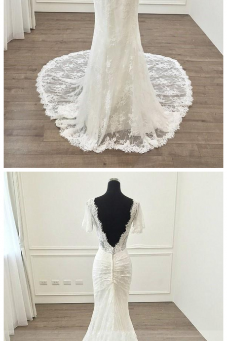 Short Sleeves Lace Wedding Dress Mermaid Style V-neck Wedding Dress