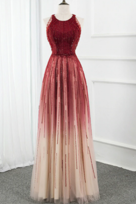 A-line Tulle Scoop Sleeveless Beading Sequins Prom Dres