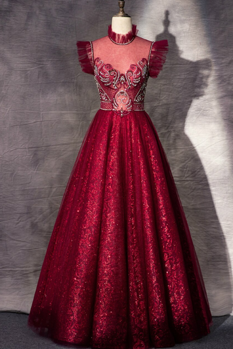 A-line Sequins High Neck Beading Crystal Prom Dress