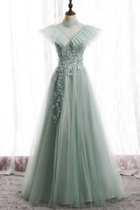 A-line Tulle Sequins High Neck Backless Appliques Prom Dress