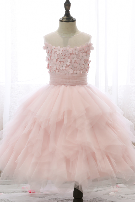 Flower Girl Dresses,puffy Yarn Princess Dress Wedding Flower Girl Birthday Pink Cake Dress Children Appliqued Sleeveless Dress Elegant Girl