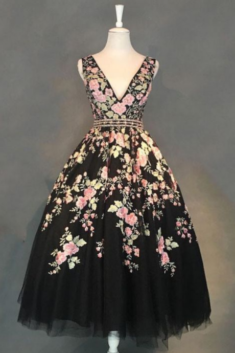 Black V Neck Lace Applique Tea Long Prom Dress, Black Evening Dress