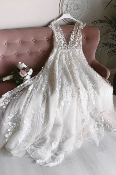 White Tulle V Neck Open Back Long Flower Lace Senior Prom Dress